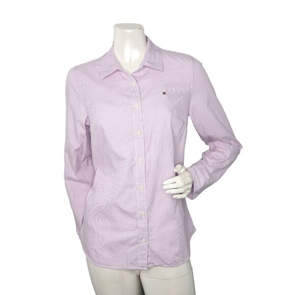 Tommy Hilfiger Pin Striped Cotton Button Down Shirt Classic Office Pink Purple - Picture 11 of 11